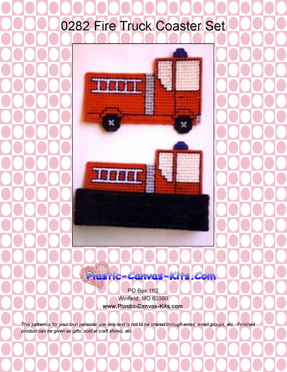 Plastic Canvas-Fire Truck Coaster Set| Plastic-Canvas-Kits.com